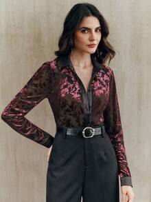 Anewsta Women's Red Cinched Waist Floral Elegant Long Sleeve Contrast Color Blouse - Red - View 3