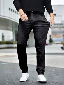 Manfinity Homme Plus Size Men's Simple And Fashionable Denim Long Black Pants, Suitable For Summer - Black - View 1