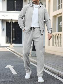 Manfinity Homme Men's Loose Fit Solid Color Casual 2 Pieces Set Casual Two Pieces Set Men Men's 2 Pieces Leisure Suits Men Suit Set Grey Big And Tall Men Men Sweatsuit Set Men Joggers Suit - Grey - View 4