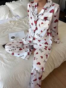 SHEIN 仿丝绸心形字母印花翻领长袖睡衣套装，冬季服装 - 白色 - 查看 3