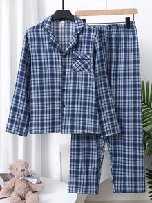 2pcs Teen Boys Pajamas-Pajama Set Shirt Collar Long Sleeve Long Pants Blue Plaid Classic Four Season 2026 New Year Essential Versatile And Comfortable Warm And Cute Style Pajama Set Teen Boys Pj Sets Teen Boys Lounge Set Boys Sleeping Clothes - Multicolor - View 4