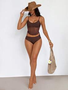 Oceva 女士棕色网纱拼接U领性感优雅简约抽绳修身吊带背心比基尼沙滩度假装 - 棕色 - 查看 3