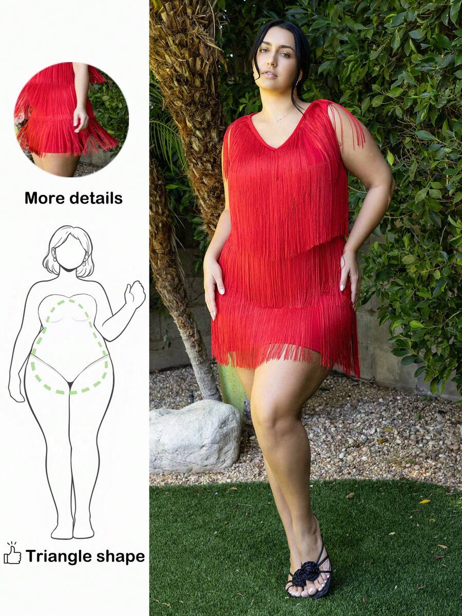 Truni Plus Size Multilayer Tassel Dress, For Pear Triangle Body Shape ...