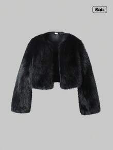 Sweetra Tween Girl 短款蓬松毛绒外套，优雅可爱，秋冬 - 黑色 - 查看 1