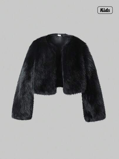 Sweetra Tween Girl 短款蓬松毛绒外套，优雅可爱，秋冬