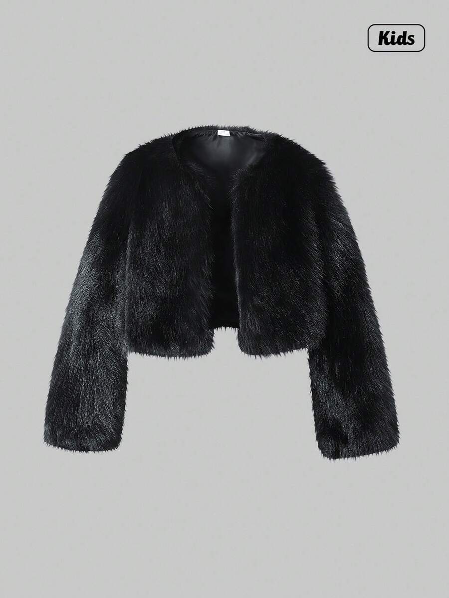Sweetra Tween Girl 短款蓬松毛绒外套，优雅可爱，秋冬 - 黑色 - 查看 1