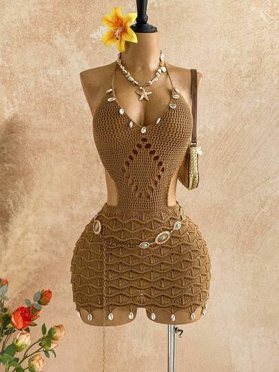 Soleia Sexy Spaghetti Strap V-Neck Hollow Out Shell Decor Knit Dress, Suitable For Holiday, Date, Afternoon Tea, Valentine's Day, Bohemian, Boho, Vacation, Fall Women Clothes, Vintage