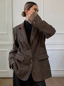 DAZY Blazer casual holgado de mujer con parches de cuadros - Marrón - Ver 4