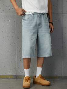 Teen Boys Wide Leg Denim Shorts, Vintage Light Blue Denim Single Piece, Spring/Summer New Arrival, Streetwear Campus Style, Outdoor Casual Fashion, Washed Comfortable Cotton Fabric, Versatile Minimalist Fashion Design, Distressed Ripped Loose Fit, Elastic Waistband, Campus Daily Party Outfit, Wardrobe Essential, Vacation Travel School Commute, New Arrival - Light Wash - View 7
