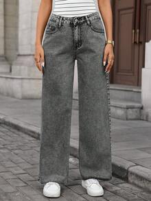 EMERY ROSE Jeans de pierna ancha de cintura alta con bolsillos, versátiles y casuales para mujer - Gris - Ver 1