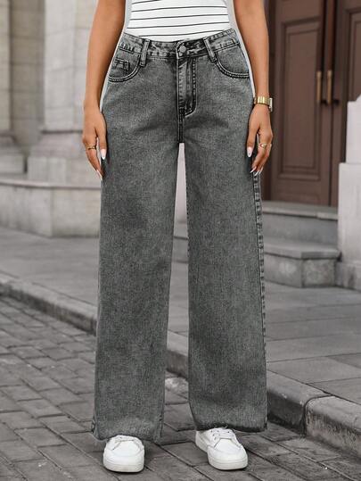 EMERY ROSE Jeans de pierna ancha de cintura alta con bolsillos, versátiles y casuales para mujer