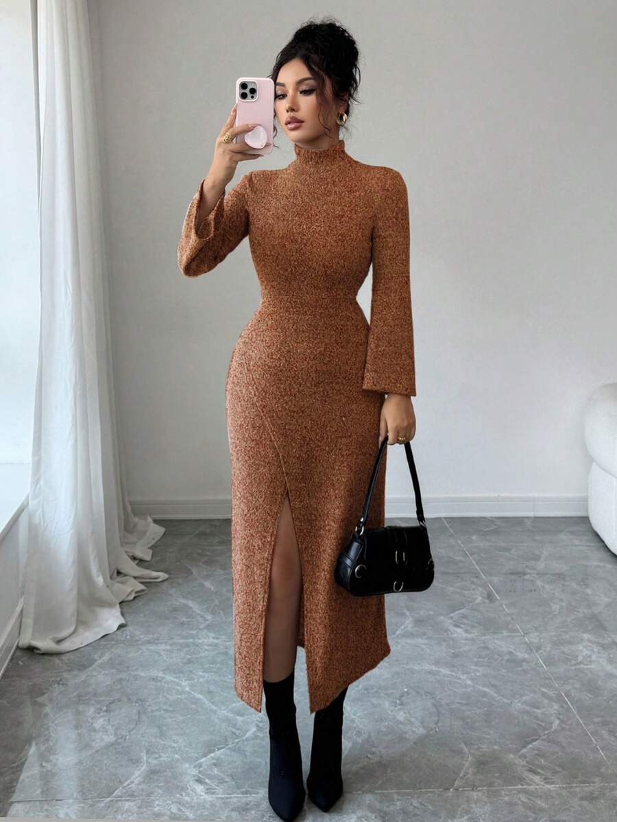 Modelyn Vestido de punto ajustado con cuello alto y abertura, otoño/invierno - Naranja - Ver 1