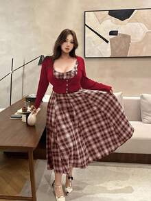 Flirla 复古美式卡其色外套和格子连衣裙两件套女装 - 酒紅色 - 查看 7