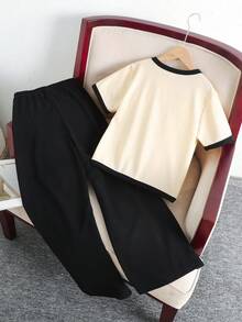 SHEIN 少女休闲优雅法式时尚蝴蝶结撞色短袖衬衫搭配黑色直筒裤两件套，日常穿着，返校季必备 - 卡其色 - 查看 2