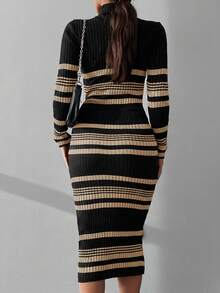 EURMUSE Striped Pattern Turtleneck Bodycon Sweater Dress - Khaki - View 5