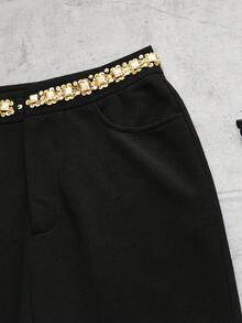 SHEIN Franclia Women's Solid Color High Waist Elegant Flare Pants With Rhinestones Black Flare Pants Flared Pants Bell Bottom Pants Goth Pants Flared Leggings - Black - View 5