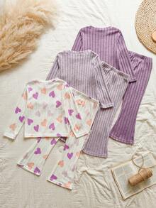 SHEIN Vintaside Kids 3 قطعة/طقم بنات كاجوال بتصميم قلب ملون بياقة دائرية وأكمام طويلة، قميص بياقة دائرية وأكمام طويلة + بنطلون واسع، مناسب للارتداء اليومي، للربيع/الخريف/الشتاء