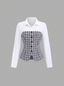 Sweetra طقم قطعتين بطراز بريبي مكون من قماش مربعات ملصق مع خصر مشدود وياقة كلاسيكية، حافة غير متماثلة، متعدد الاستخدامات يناسب جميع الملابس، طلة فتاة حلوة وأنيقة، إطلالة موسمية للخريف المبكر - متعدد الألوان - مشاهدة 8