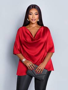 SOLERSUN Bluzka damska w dużym rozmiarze, modna, w jednolitym kolorze, elegancka, z golfem, stylowa i wyrafinowana, z rękawami typu nietoperz, na lato, z krótkim rękawem i luźnym kołnierzykiem, z czerwonej satyny, na 2026 rok, na Nowy Rok, na imprezę, na lato, na wakacje, na Walentynki, na co dzień