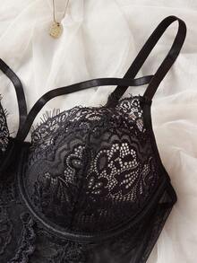 SHEIN Romantic Lace Underwire Sexy Bodysuit, Rave - Black - View 5