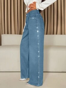 Low Waist Stud Detailed Straight Jean - Light Wash - View 5