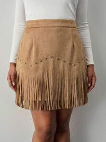 SHEIN Tall CURVE Váy chữ A tua rua đinh tán cổ điển cỡ lớn bằng da lộn màu đen dành cho nữ, váy thu đông, trang phục Nashville, váy cướp biển - Màu Khaki - Xem 6