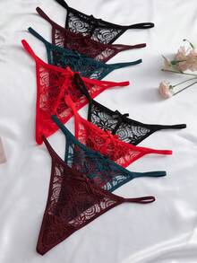 SHEIN Multicolor Lace Sheer Thong Set With Contrast Trim For Women 8 Pack - Multicolor - View 4