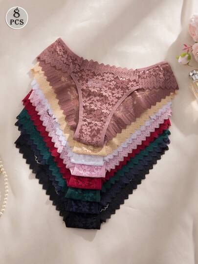 8条/套 多色浪漫性感蕾丝女士内裤，透明内衣