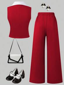 少女优雅通勤都市学院风撞色领开衫+西装裤套装 - 紅色 - 查看 2