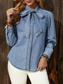EMERY ROSE Women's Retro Regular Shoulder Casual Fashion Tie Neck Curved Hem Denim Blouse - Light Wash - View 1