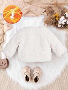 SHEIN Vintaside Kids 女婴冬季时尚休闲街头深棕色长袖毛绒外套，适合街拍和聚会 - 白色 - 查看 2