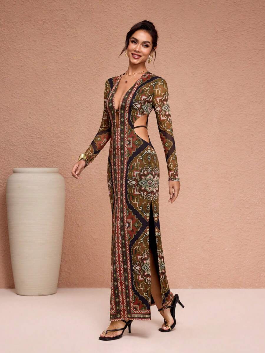 JIAN LASALA Đầm maxi dài tay kiểu Boho in họa tiết toàn thân, cổ chữ V sâu, xẻ tà hai bên, thích hợp cho kỳ nghỉ, du lịch, nghỉ lễ, thanh lịch. Đầm dài tay kiểu Boho, đầm maxi dài tay cho nữ, đầm dài kiểu Boho, đầm dài in họa tiết, đầm maxi họa tiết, đầm Boho cho nữ, đầm dài kiểu Boho dự tiệc cưới, khách mời. - Nhiều màu - Xem 1