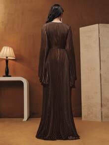 Anewsta Women's Pleated Dress, Elegant And Versatile, Floral Decor Kaftan Robe - Dark Brown - View 2