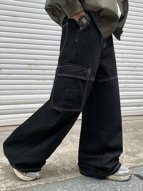 ティーンボーイ ファッション カジュアル Y2K ヴィンテージ クール ストリート ベーシック シンプル ポケットデザイン ブラックデニム ルーズ ワークウェア ジーンズ キッズ服 ティーンボーイ デイリーウェア キッズ 春夏 レイブ アウトフィット フェスティバル ストリートウェア