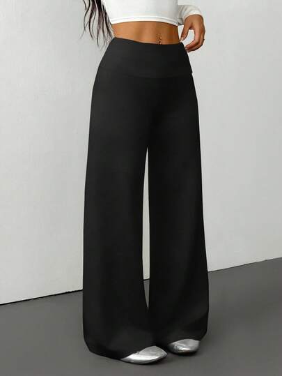 SHEIN PETITE Women's Solid Color Fold-Over Waist Wide-Leg Loose Casual Pants Sweatpants, All-Match Home Wear For Autumn And Winter High Waist Pants Palazzo Pants Women Black Wide Leg Pants Black Flare Pants Pants Wide Leg Black Dress Pants