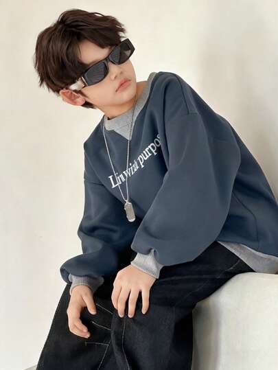 DAZY 青少年男孩字母印花落肩长袖休闲宽松卫衣