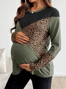 SHEIN Camiseta Casual de Manga Longa com Gola Redonda e Estampa de Onça para Gestantes - Multicolorido - Visão 7