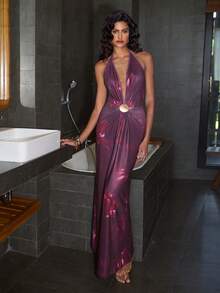 Opulessa Women's Floral Metal Buckle Deep V-Neck Sleeveless Dress, All Season ,Spring Break Outfits, Summer Outfits, Valentine's Day, Beach Dress, Elegant Wedding Guest Dress, Birthday Dress, Casual Dresses, Vacation Outfits, Going Out Top - Purple - View 4