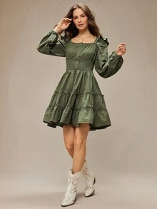 WESTFADE 100% Cotton Square Neck Button Front Tiered Ruffle Fit & Flare Mini Dress Winter, Boho, Western Wear, Holiday, Christmas, NYE, New Year, Nashville Cowgirl, Casual, Cute - Army Green - View 1