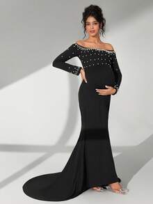 Cheriluna Maternity فستان أنيق للنساء بأكمام طويلة وياقة مكشوفة الكتف مزين باللؤلؤ - الأسود - مشاهدة 5