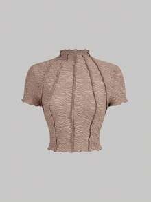 SHEIN MOD 3PCS Women's White And Brown Black Knitted Perspective Short Sleeve Top,Summer Elegant Tea Party Stand Mock Neck Ruched Ruffle See Through Tops - Multicolor - View 7
