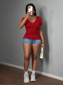 Slaydiva 2025 New Plus Size Women Casual Basic Racerback Sleeveless Deep V-Neck Ribbed White T-Shirt - Red - View 4