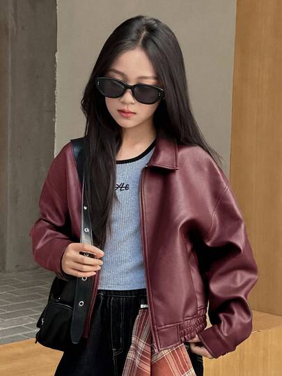 DAZY Tween Girl Solid Color Drop Shoulder Long Sleeve Zipper Front PU Leather Loose Casual Jacket Spring