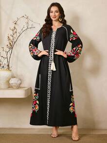 Al Najma 女士撞色复古风长袖土耳其长裙和阿拉伯传统罩袍 - 黑色 - 查看 2