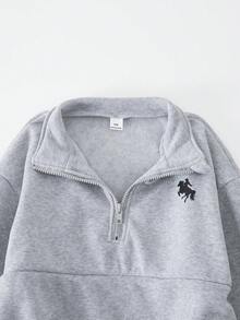 SHEIN ChillGRL 2件套 少女休闲纯色宽松高领长袖卫衣上衣 + 宽松运动裤 - 灰色 - 查看 3