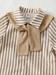 Cozy Pixies 3件套男婴纯色披肩领条纹短袖开衫衬衫和松紧腰短裤套装 - 卡其色 - 查看 5