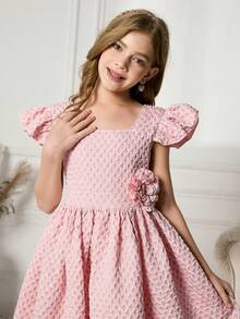 Tween Girls' Textured Pink Square Neck Dress - Pink - View 6