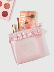 ROMWE Kawaii Caja de pañuelos bordada con lazo floral, bolsa de maquillaje/portafolios de viaje, monedero, color rosa - Rosa - Ver 3
