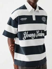 Manfinity Dauomo Men's Contrast Stripe & Letter Print Short Sleeve Polo Shirt - Multicolor - View 3