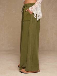 SHEIN VCAY Plus Size Women's Contrast Color Drawstring Waist Pockets Wide Leg Loose Casual Pants - Army Green - View 5